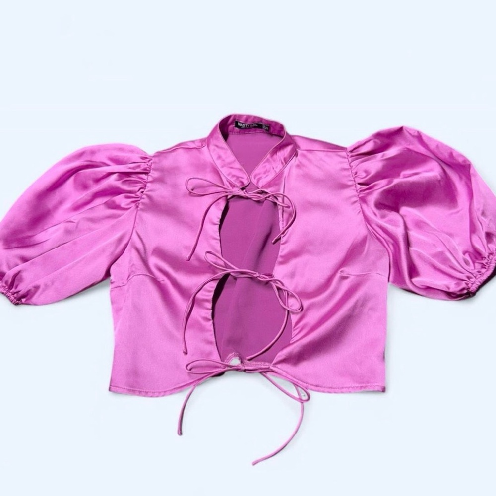 Nasty Gal Pink Satin Puff Sleeve Tie-Front Blouse